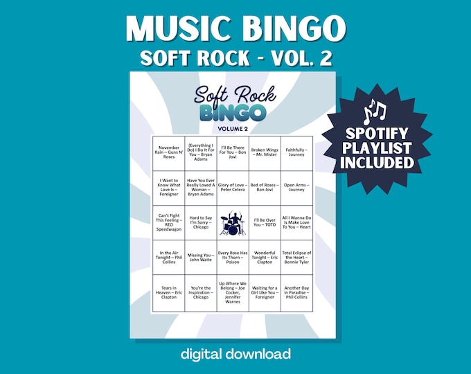Soft Rock Music Bingo Volume 2 – Power Ballads Printable Party Game with Playlist