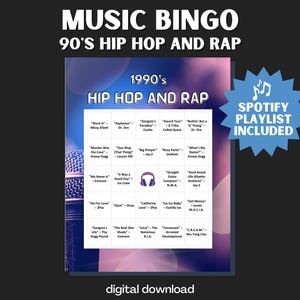 Juego de bingo de hip hop y rap de los 90: 30 cartones únicos con lista de reproducción de Spotify con Biggie, Tupac y Dr. Dre