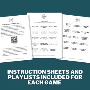 Może przedstawiać: Trzy białe kartki papieru z tekstem i kodem QR, zatytułowane "How to Play Soft Rock BINGO" i "Song Tracking Sheet". Kartki znajdują się na tle w kolorze morskim. Na dole obrazu widnieje napis "INSTRUCTION SHEETS AND PLAYLISTS INCLUDED FOR EACH GAME."