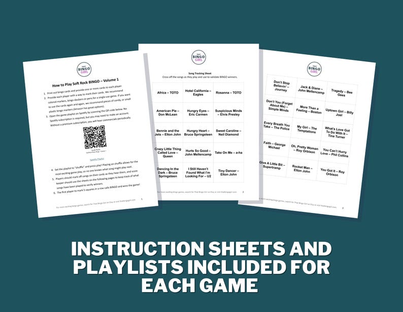 Może przedstawiać: Trzy białe kartki papieru z tekstem i kodem QR, zatytułowane "How to Play Soft Rock BINGO" i "Song Tracking Sheet". Kartki znajdują się na tle w kolorze morskim. Na dole obrazu widnieje napis "INSTRUCTION SHEETS AND PLAYLISTS INCLUDED FOR EACH GAME."