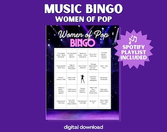 Women of Pop Music Bingo: 30 Unique Cards with Playlist (PDF Format, Digital Download)