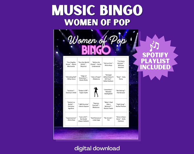 Women of Pop Music Bingo Game | Sing Along Bingo | 30 Unique Cards with Spotify Playlist