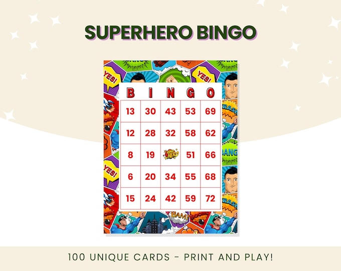 Superhero Bingo | 100 Unique Number Bingo Cards | Print and Play