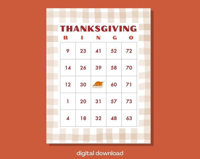 Thanksgiving Bingo Game | 100 Unique Cards with Gingham Design | Instant Digital Download