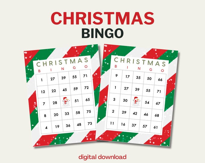 Christmas Bingo with Numbers - 100 Unique Cards - [#5] Diagonal Stripes Theme - Digital Download