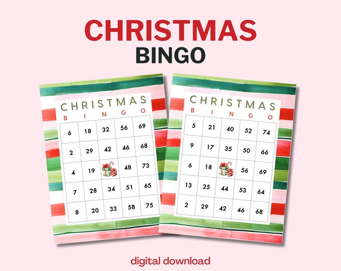 Christmas Bingo with Numbers - 100 Unique Cards - [#8] Watercolor Stripes Theme - Digital Download