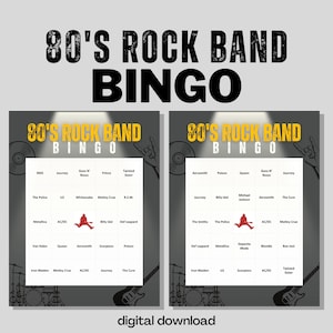 Juego de bingo digital de bandas de rock de los 80 - Juego de fiesta de los 80 - 30 tarjetas únicas - Descarga digital