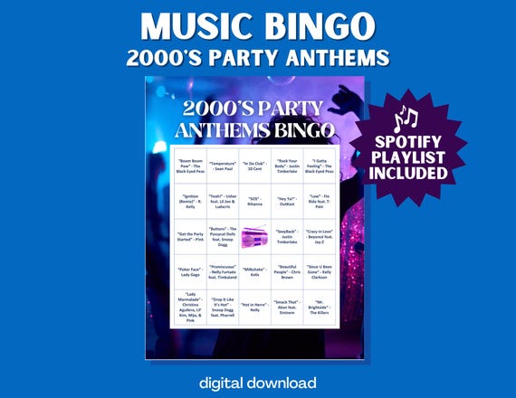 2000s Party Anthems Music Bingo: 30 Unique Cards & Spotify Playlist for Nostalgic Sing-Along Fun