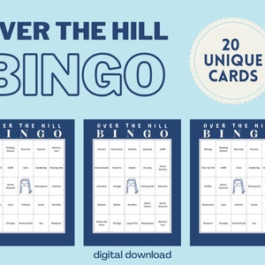 sobre os cartões de bingo do monte azuis | Conjunto de 20 cartas | Cartões de bingo para impressão para aniversários de 40, 50 e 60 anos | 2-20 jogadores
