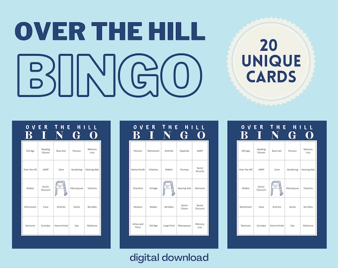 Over the Hill Bingo Cards Blue | Set of 20 Cards | Printable Bingo Cards for 40th, 50th, 60th Birthday | 2-20 Players