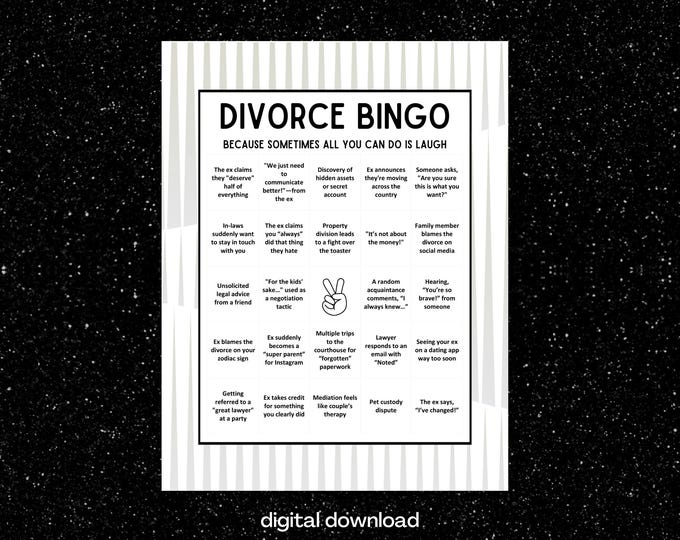 Humorous Divorce Bingo: 10 Customizable Cards for Coping and Celebrating - Instant Digital Download