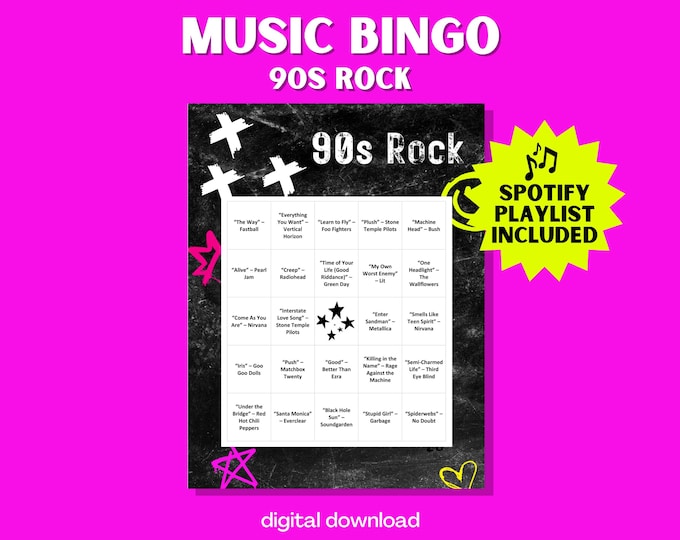1990s Rock Music Bingo Game – 30 Unique Cards with Spotify Playlist Featuring Nirvana, Pearl Jam & Red Hot Chili Peppers