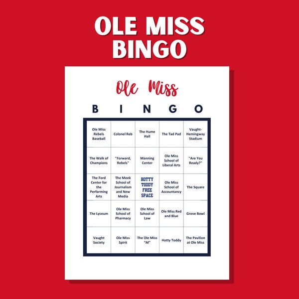 Ole Miss | University of Mississippi Bingo: Fun for Alumni, Students, Friends, Family, & Fans | Digital Download | 30 Unique Cards | PDF