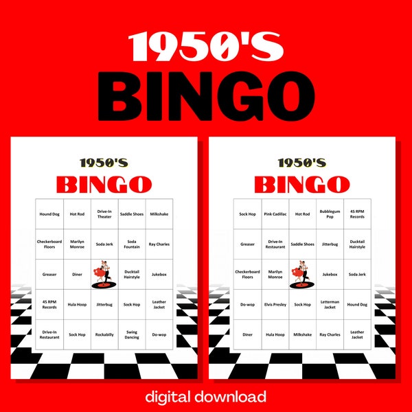 Bingo des années 1950 | Soirée à thème des années 50 | 30 cartes de bingo nostalgiques uniques des années 50 | Téléchargement numérique