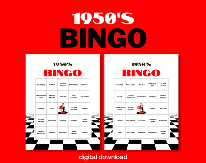1950's Bingo | 50's Theme Party | 30 Unique Nostalgic 50s Bingo Cards | Digital Download