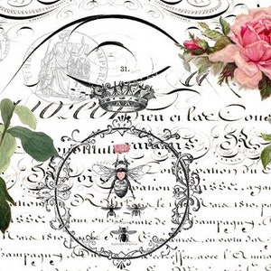 May include: A black and white vintage illustration with a floral design. The illustration features a crown, a bee, and a circle with the text "rien en la Come".