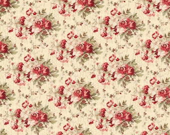 May include: A seamless pattern featuring a repeating design of red and white roses with green leaves on a cream background.