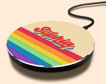 Custom Wireless Charging Pad, Personalized Rainbow Retro Name LGBTQ Pride Flag Qi Wireless Charger for iPhone, Samsung Galaxy, Google Pixel