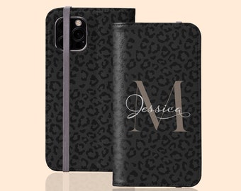 Custom Leopard Flip Folio iPhone 17 Air Case, Personalized Wallet Name Case for iPhone 16 Pro Max, 15 Plus, 14, 13 Mini, 12, 11, Galaxy S25