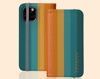 Custom Orange & Teal Rainbow Flip Folio Case, Personalized Name Wallet for iPhone 15 Pro Max, 14, 13 Mini, 12 Galaxy S24 Plus S23 Ultra S22