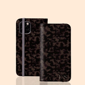 Custom Initials Dark Tortoiseshell Flip Folio Case Monogram Name Wallet for iPhone 15 Pro Max, 14, 13 Mini, 12 Galaxy S24 Plus S23 Ultra S22