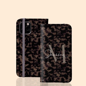 Monogram Name Personalized Tortoiseshell Flip Folio Wallet Case for iPhone 15 Pro Max, 14, 13 Mini, 12 Galaxy S23 Plus S22 Ultra S20