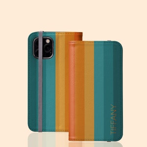 Funda tipo libro con diseño de arcoíris naranja y verde azulado, personalizada con nombre para iPhone 15 Pro Max, 14, 13 Mini, 12 Galaxy S24 Plus, S23 Ultra y S22