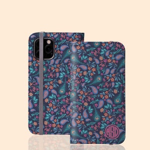 Custom Floral Paisley Flip Folio Case, Personalized Monogram Wallet for iPhone 15 Pro Max, 14, 13 Mini, 12 Galaxy S24 Plus S23 Ultra S22