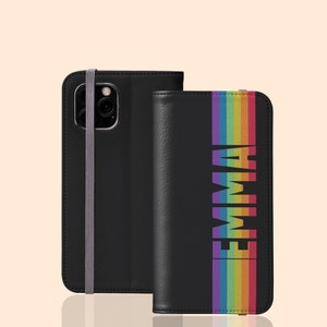 Funda tipo libro con nombre personalizado, bandera del orgullo LGBTQ, arcoíris, monograma, para iPhone 15 Pro Max, 14, 13 Mini, 12 Galaxy S24 Plus, S23 Ultra, S22