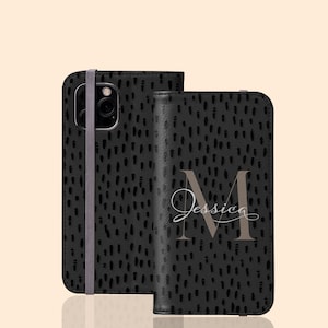 Custom Monogram Name Personalized Spotted Flip Folio Wallet Case for iPhone 15 Pro Max, 14, 13 Mini, 12 Galaxy S24 Plus S23 Ultra S22