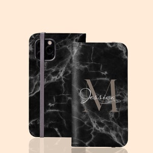 Custom Monogram Name & Initials Personalized Marble Flip Folio Wallet Case for iPhone 15 Pro Max, 14, 13 Mini, 12 Galaxy S24 Plus S23 Ultra