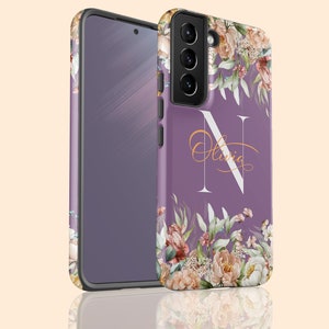 Personalized Initial Galaxy S25 Plus Flowers Violet Monogram Custom Name Case for Galaxy S24 Ultra, S23, S22, S21, S20, S10, Note 20 Ultra