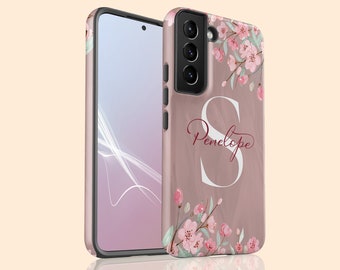 Funda personalizada con nombre de monograma de flor de cerezo Galaxy S24 Plus para Galaxy S23 Ultra, S22 Plus, S21, S21FE, S20, S10, Note 20, 10, 9 8