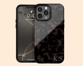 Custom Dark Tortoiseshell Initials iPhone 17 Air Case, Personalized Tort Case for iPhone 16 Pro Max, 15 Plus, 14, 13 Mini, 12, 11,X/XS, XR