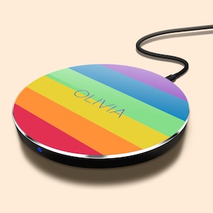 Custom Wireless Charging Pad, Personalized Rainbow Name LGBTQ Pride Flag Qi Wireless Charger for iPhone, Samsung Galaxy, Google Pixel, Lumia