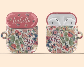 Artisticases Custom Name Butterflies Floral Pattern Case for AirPods Gen 1 & 2 / AirPods Pro, Cute Personalized Hard Cover + Keychain - Pink