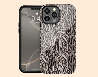 Personalized Initials Exotic Gray Leopard iPhone 17 Air Case, Custom Cheetah Case for iPhone 16 Pro Max, 15 Plus, 14, 13 Mini, 12, 11,X/XS