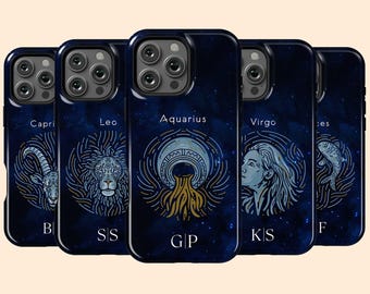 Coque personnalisée bleu signe du zodiaque pour iPhone 17 Air, coque personnalisée horoscope astrologie pour iPhone 16 Pro Max, 15 Plus, 14, 13 Mini, 12, 11