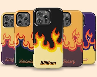 Gepersonaliseerde Cool Flame-effect iPhone 17 Air Case, Custom Retro Fiery Fire Name-hoesje voor iPhone 16 Pro Max, 15 Plus, 14, 13 Mini, 12, 11, X