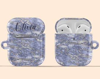 Artisticases Custom Name Marble Pattern Case for AirPods Gen 1 & 2 / AirPods Pro, Cute Personalized Hard Cover +Keychain - Purple / Silver
