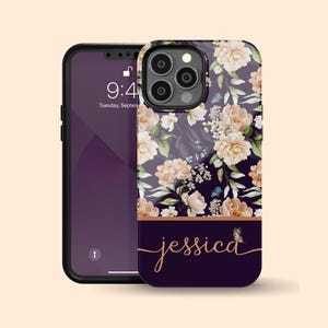 Custom Name Floral iPhone 16 Plus Case, Cute Girly Personalized Name iPhone 15 Pro Max, iPhone 14, 13 Mini, 12, 11, X/XS, XR, 8, Galaxy S24