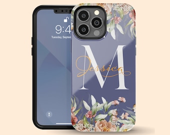 Custom Initial Floral Monogram iPhone 17 Air Case, Personalized Name iPhone 16 Pro Max, 15 Plus, 14, 13 Mini, 12, 11,X/XS, XR, Galaxy S25