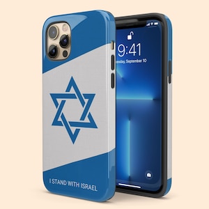 Könnte beinhalten: Eine blaue und weiße Handyhülle mit einem Davidstern und dem Text "I Stand With Israel".