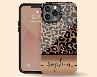 Custom Name Leopard iPhone 16 Plus Case, Personalized Cheetah Case for iPhone 15 Pro Max, 14, 13 Mini, 12, 11, X/XS, XR, 8, Galaxy S24 S23