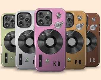 Personalized Vinyl Record Player iPhone 17 Air Case, Custom Initials DJ Turntable Case for iPhone 16 Pro Max, 15 Plus, 14, 13 Mini, 12, 11