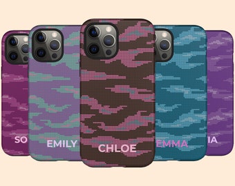 Custom Name Women's Camo iPhone 15 Plus Case , Personalized Name iPhone 14 Pro Max, iPhone 13 Mini, 12, 11, X/XS, XR, 8, Galaxy S24 S23 S22