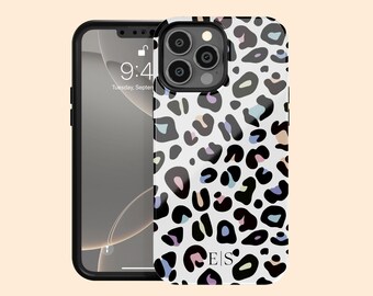 カスタムキャンディレオパードイニシャルiPhone 17 Airケース、iPhone 16 Pro Max、15 Plus、14、13 Mini、12、11、X用パーソナライズドモノグラムチーターケース