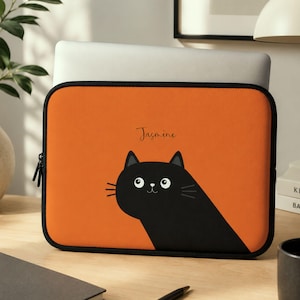 Personalized Cat Mood Laptop Sleeve, Custom Name Black Cat MacBook Sleeve, Cute Funny Cat iPad Tablet Case, 7 10 13 15 17 Inch