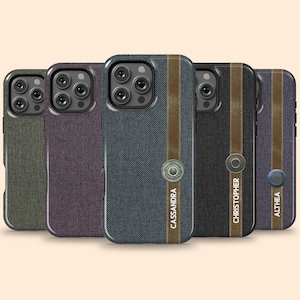 May include: A collection of five phone cases in various colors, including green, purple, navy, black, and dark purple. Each case features a vertical brown stripe and a circular accent. The names "Cassandra", "Christopher", and "Althea" are printed on some cases.