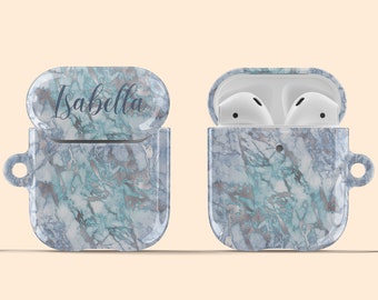 Artisticases Custom Name Marble Pattern Case for AirPods Gen 1 & 2 / AirPods Pro, Cute Personalized Hard Cover +Keychain - Purple / Blue